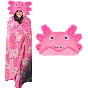 Axolotl Wearable Hooded Blanket for Adults - Glow in the Dark Axolotl Blankets Gifts for Women & Kids, Soft Warm Flannel & Plush Fleece Pink Cozy Hoodie Throw Cloak Wrap (Pattern 01)