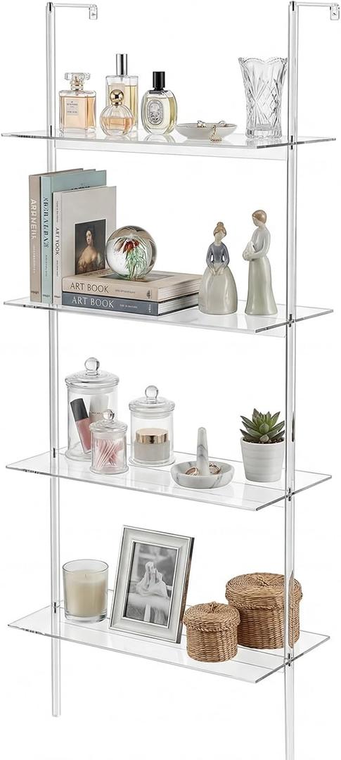 Beeveer Acrylic Ladder Bookshelf Clear Wall Mounted Book Shelf 11.6" D X 23.4" W X 59.4" H, 4 Tier Shelf Sturdy Open Display for Living Room Bathroom Office