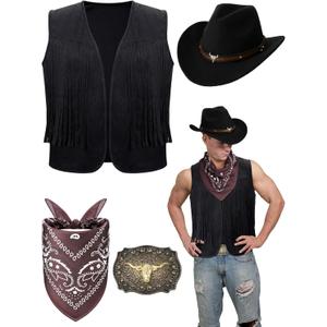 Toulite 4 Pcs Western Outfits for Men Cowboy Tassel Vest Hat Belt Buckle Paisley Bandana for Halloween Cosplay (Medium, Black,black,coffee)