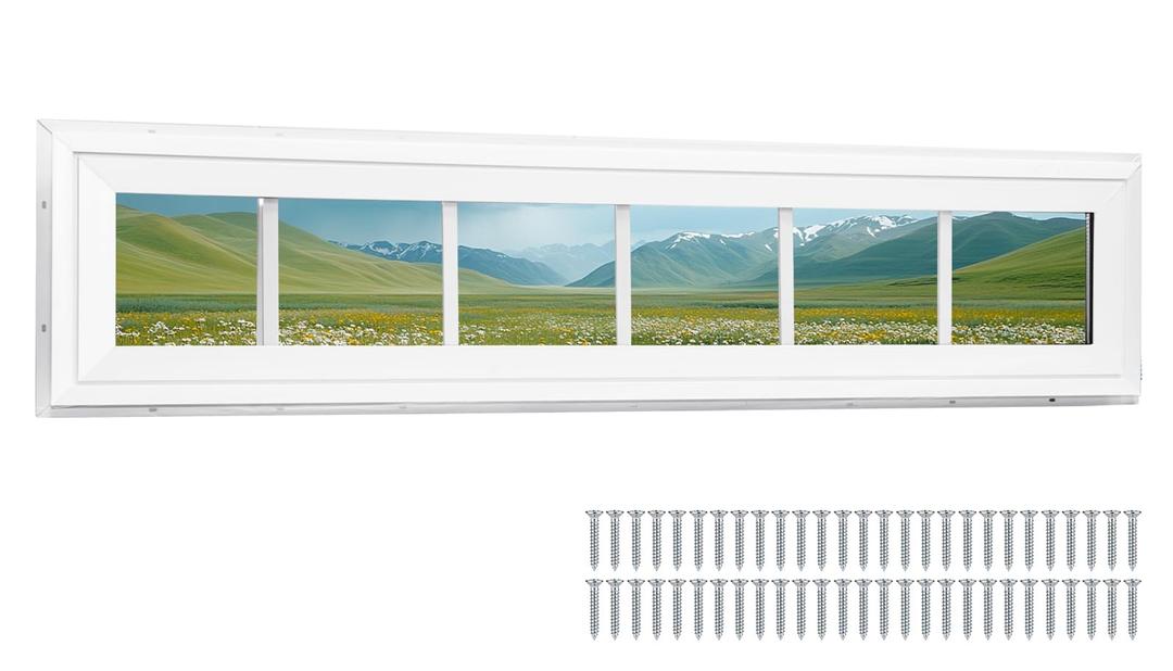 NeatiEase Vinyl Transom Window, 12" x 42" Fixed Glass Household Windows with Grids and Dual-pane Tempered Glass for House, Shed, Doors, Garage, Chicken Coop, Basement (White)