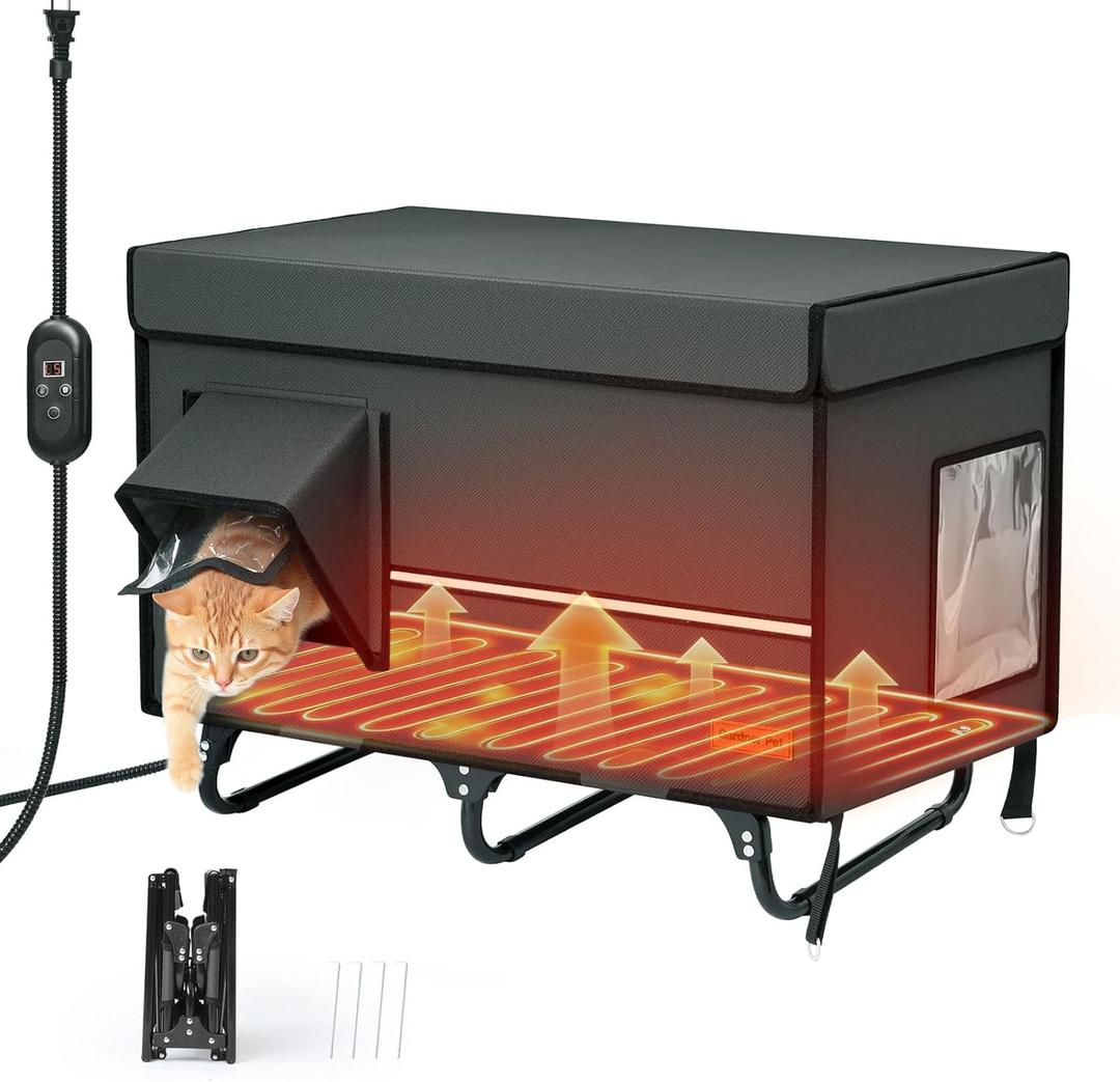 X-Large Collapsible Heated Cat House - Metal Frame, 100% Insulated Waterproof Outdoor Stray Cat Shelter with Heating Pad & Escape Door,Temperature Control & Timer, Warm Shelter for Cats, Grey