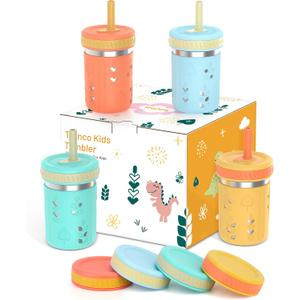Tronco [4 Pack] 10 oz 2-in-1 Stainless Steel Kids Tumbler Cups with Silicone Sleeves, Spill-Resistant Flexible Straws & Storage Lids, BPA-Free Smoothie and Snack Cups, Dishwasher Safe (Sea foam Green,Sky Blue,Mango Yellow,Croal Orange)
