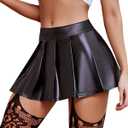 Avidlove Short Mini Skirts for Women Trendy High Waisted Faux Leather Pleated Solid Ruffle Skirt (Small, Black)