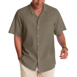 Alimens & Gentle Cuban Linen Shirts for Men Short Sleeve Button Down Shirt Cotton Summer Beach Camp Vacation Hawaiian Shirts (X-Large, Khaki)