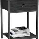 Furologee Nightstand with Fabric Drawer & Storage Shelf, Small Bedside Table Organizer for Small Space, 2 Tiers Industrial End Table, Side Table for Living Room, Bedroom, Black Oak (1)