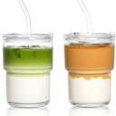 15oz Iced Coffee Cups with Lids Reusable,2Pcs Glass Matcha Cups, Glass Cups with Lids and Straws, Clear Glass Coffee Tumbler for Drinking Water, Tea, Juice