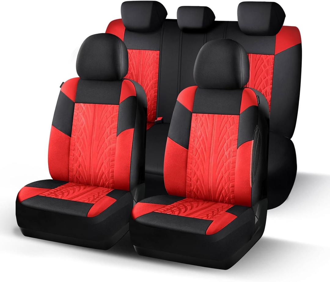 HChengkikz Car Seat Covers Full Set, Cloth Car Seat Covers, Quick Setup, Airbag Compatible Car Seat Protectors Universal for Most Cars, Trucks, SUVs (Black + red)