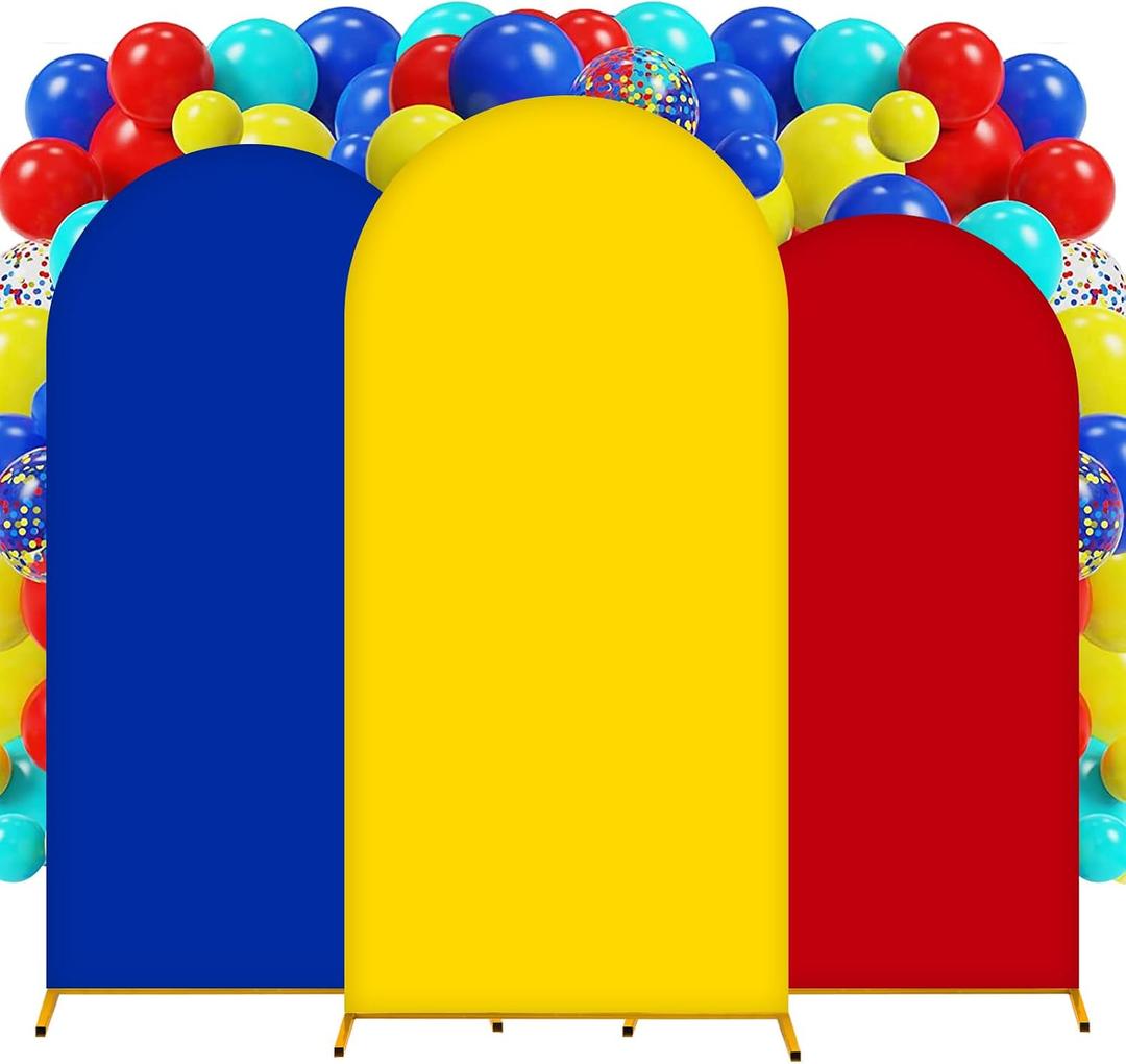 Arch Backdrop Cover Set of 3 (4/5/6FT) Carnival Birthday Party Decorations Arch Covers Stretchy Backdrop for Photo Props Cosplay Wedding Baby Shower Spandex Backdrop Decor(Red/Yellow/Blue)