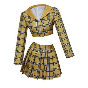 RocailleCos Clueless Cher Cosplay Costume Dress Yellow Plaid Crop Top Skirt Suit Halloween Outfit for Women Girls (XL, yellow)