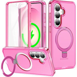 for Samsung Galaxy S26 Case with Magnetic Invisible Stand[Compatible with MagSafe] with Screen Protector Dual Layer Full Body Military Shockproof Translucent Phone Cover-Hot Pink
