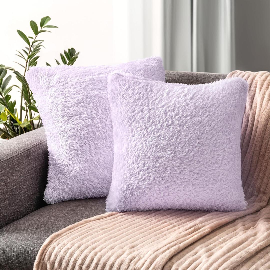 PAVILIA Fluffy Lavender Throw Pillow Covers, Decorative Accent Pillow Cases for Bed Sofa Couch, Soft Faux Fur Cushion Cover, Square Sherpa Pillowcases, Home Room Decor, Purple, 20x20 Set of 2
