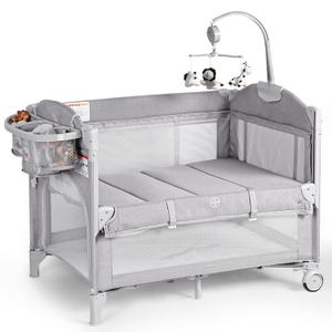 Baby Bassinets Bedside Sleeper, 4 in 1 Portable Bedside Crib w/Thickened Mattress, Diaper Changer, Storage Basket, Music Box, Carry Bag, Foldable Playard Sleeper for Newborn (Light Gray)