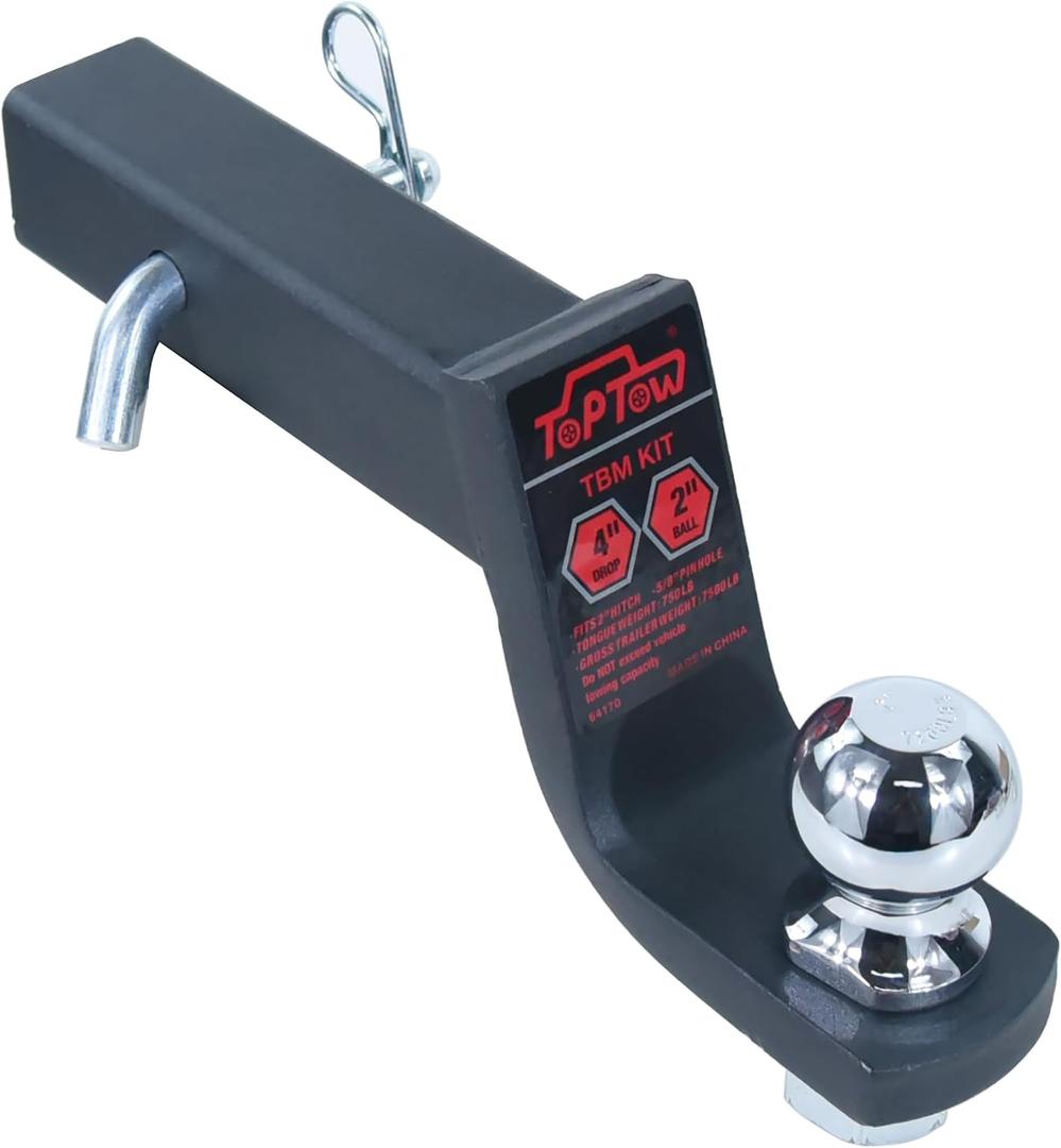 TOPTOW Trailer Hitch Ball Mount Kit with 2 inch Trailer Ball and 5/8 inch Hitch Pin, 4 inch Drop, Fits 2 inch Hitch Receiver, Matte Black