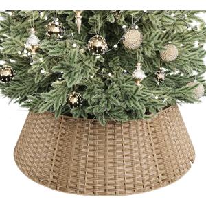 ELYKEN 33 Inch Christmas Tree Collar, 6-Piece Xmas Tree Skirt for Artificial Trees, Handcrafted Plastics Wicker Tree Base Cover with Cord Cut-Out Rustic Farmhouse Tree Ring for Home Decor (Natural-flat Pp)