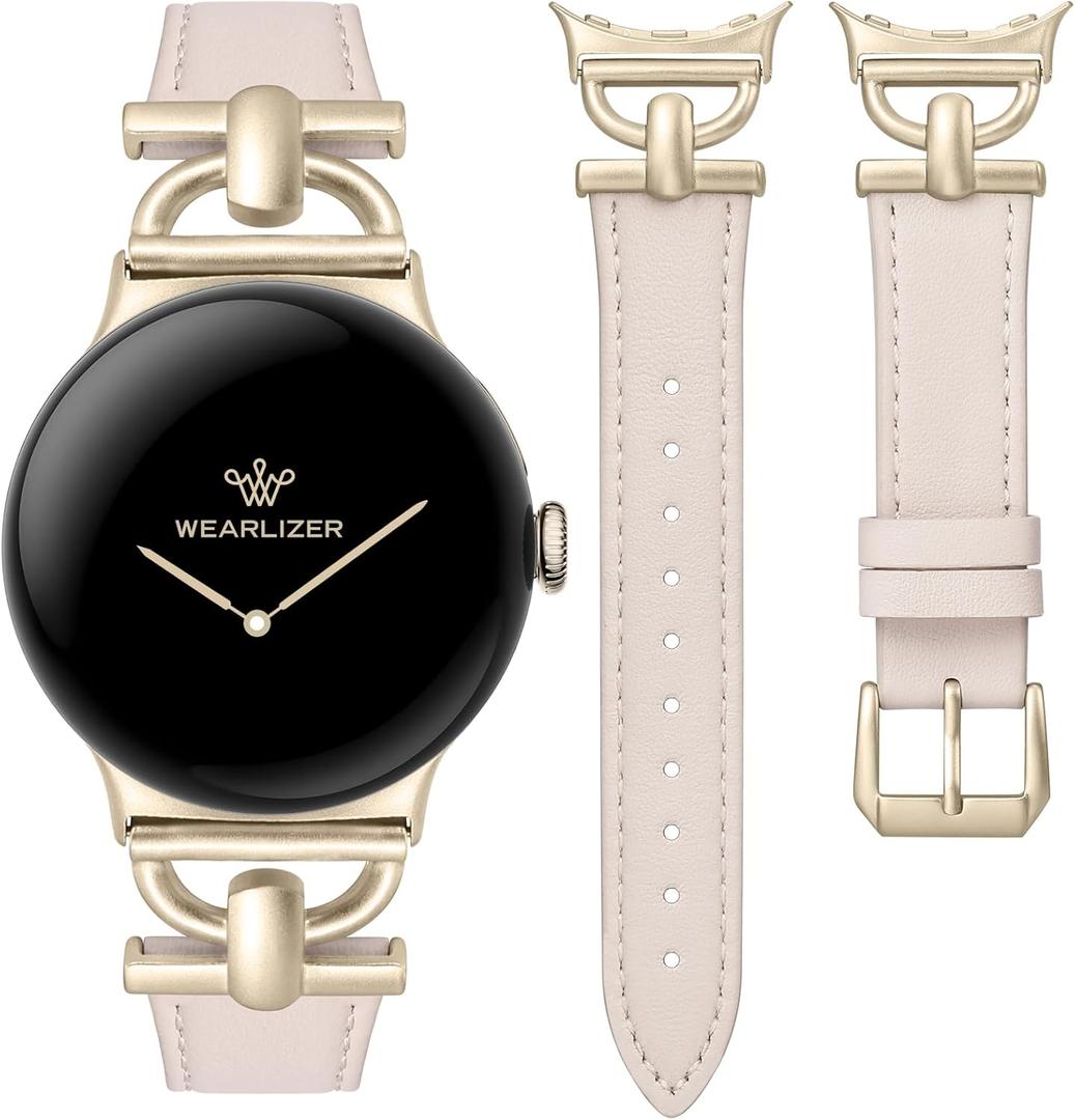 Wearlizer Leather Bands Compatible with Google Pixel Watch 4/3 41mm/Pixel Watch 2/1 Band Women, Dressy Designer Slim Leather Strap with D-Shape Metal Buckle for Pixel Smartwatch Accessories (Starlight/Champagne Gold)