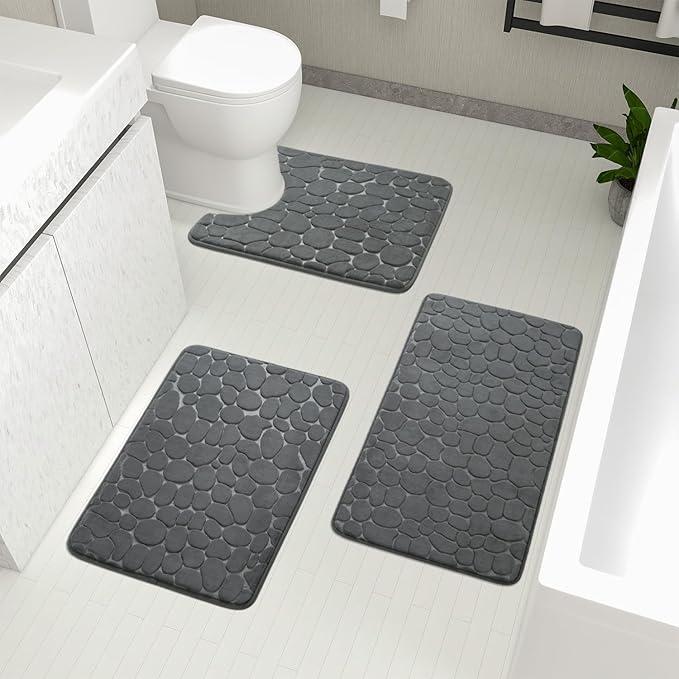 YIHOUSE Bathroom Rugs Mat Set 3 Piece Dark Grey, Memory Foam Bath Mats Sets, Non Slip Water Absorbent Washable Bath Rugs for Sink, Toilet and Floor