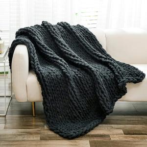 YAAPSU Chunky Knit Throw Blanket for Couch, 51"x63", 100% Hand Knitted Thick Cable Knit with Cozy Jumbo Chenille Yarn, Soft Large Rope Knot Crochet Blankets for Sofa Bed Living Room Dcor, Black Grey