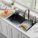 29.5 Inch Waterfall Kitchen Sink with Faucet, Black Stainless Steel Workstation Sink Combo with Cup Washer, Digital Display, Cutting Board and Drain Set, Single Bowl Drop In Kitchen Sink