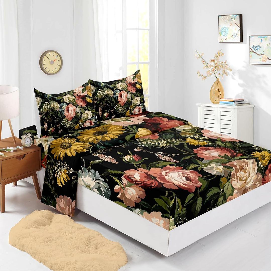 Boho Floral 4 Pieces Bed Sheets Soft Microfiber,Oil Painting Flowers Bedding Set Fitted Sheet Deep Pockets Top Flat Sheet Room Decor Full Size with 2 Pillowcases for Girls and Boys