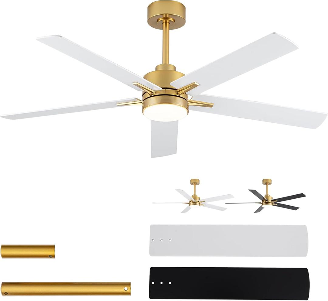 52'' Ceiling Fan with Lights and Remote, Low Profile Modern Ceiling Fan Gold, 6 Speed, Reversible, 3000k-6000k Dimmable LED, Quiet DC Motor Ceiling Fans for Indoor Outdoor Bedroom Living Room