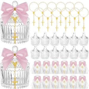 Chuangdi 12 Sets 48 Pcs Baptism Favors for Guests Crystal Candy Bowl Gifts with 12 Pcs Cross Rosary for Baptism Decorations Wedding Baby Shower Party Supplies First Communion (Pink)