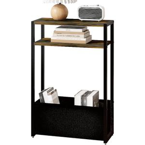 Narrow Side Table 15.7" - Slim Bedside Table with Storage Shelf & Basket, Space-Saving End Table for Studio/Dorm/Apartment, Modern Design Easy Assembly