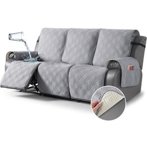 TAOCOCO 100% Waterproof Recliner Couch Cover, Non Slip Split Couch Covers for Reclining Couches with Elastic Straps, Washable Reclining Couch Covers Furniture Protector for Pets(3 Seater, Light Grey)