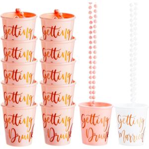 Sparkle and Bash Set of 12 Beaded Bachelorette Shot Glass Necklaces for Bridal Shower, White Bride Cup and Pink Bridesmaids Glasses, Gold Foil Design