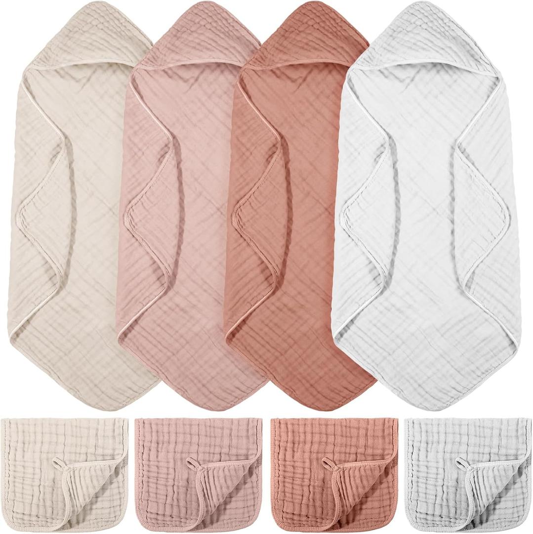 VitalCozy 8 Pcs Baby Muslin Hooded Bath Towels and Washcloths, 32 x 32 Inch Muslin Cotton Hooded Baby Towels Absorbent Hooded Blankets for Gift Newborn Infant Shower (Pink, White)