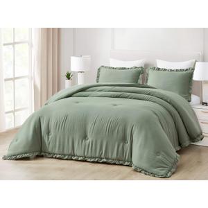 Chezmoi Collection Nora Sage Green Comforter Set Twin Size 2-Piece Lightweight Soft Stone-Washed Ruffled Shabby Chic Bedding for All Season