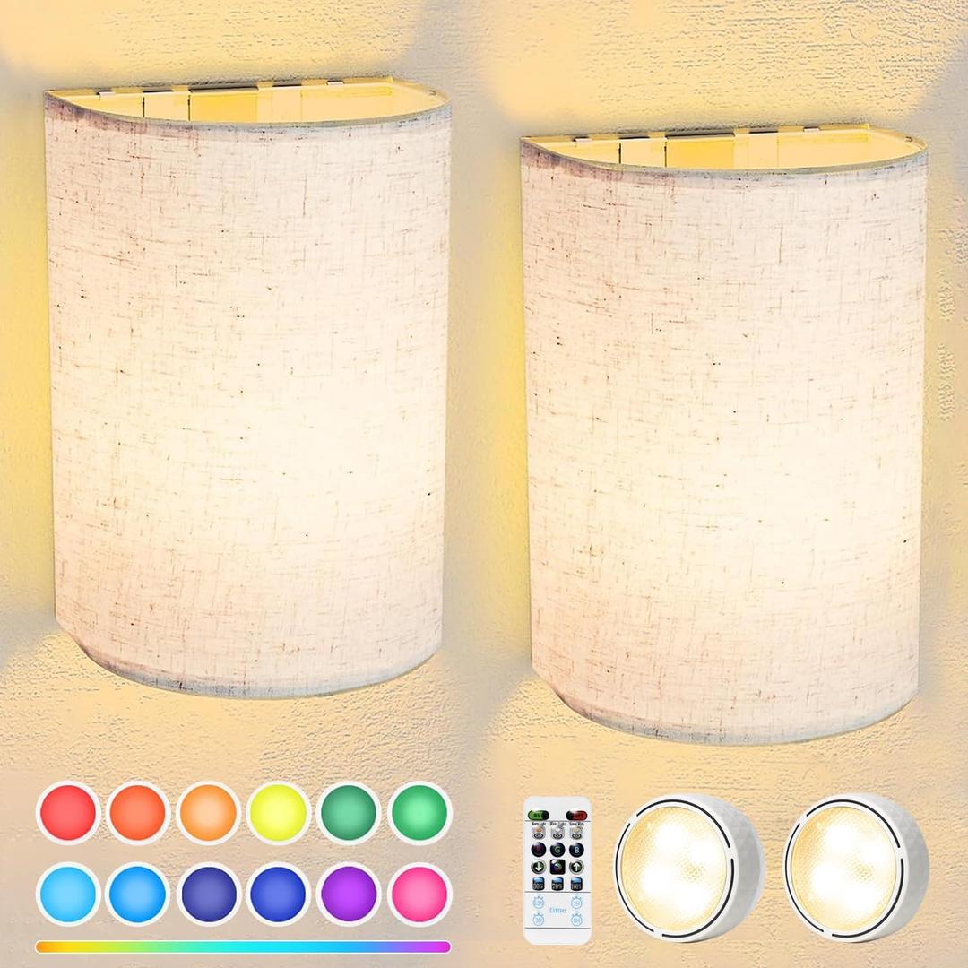 Battery Operated Wall Sconces Set of Two, 18 RGB Colors Stick on Wall Lights with Remote, Changeable Dimmable Height Fabric Battery Powered Wall Lights for Bedroom Living Room Hallway (USB Charging)