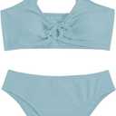 OYOANGLE Girl's 2 Piece Solid Bikini Set Sport Swimsuit Ruched Tie Front Bathing Suit Swimwear (Light Blue)