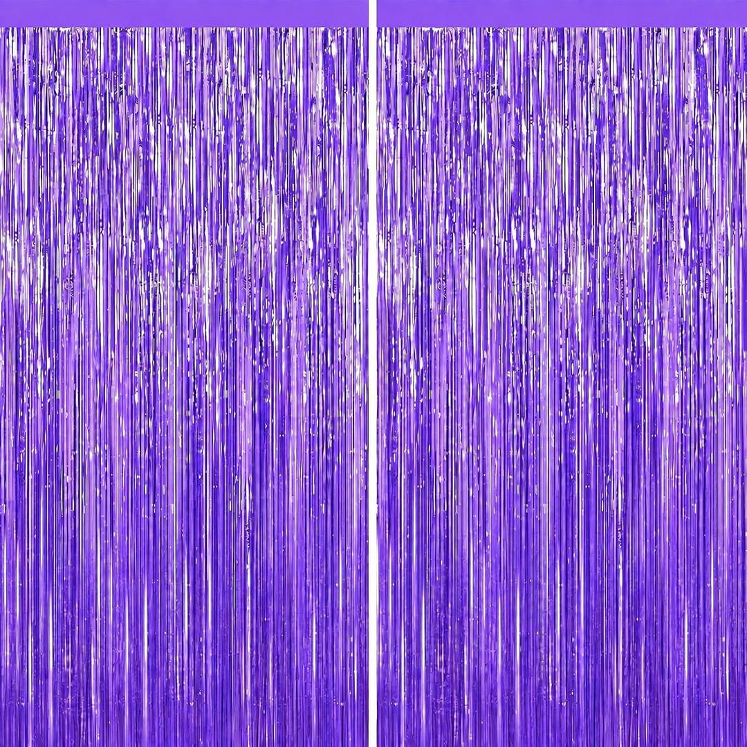 2Pack Purple Foil Fringe Curtains Backdrop, Metallic Tinsel Streamer Decors