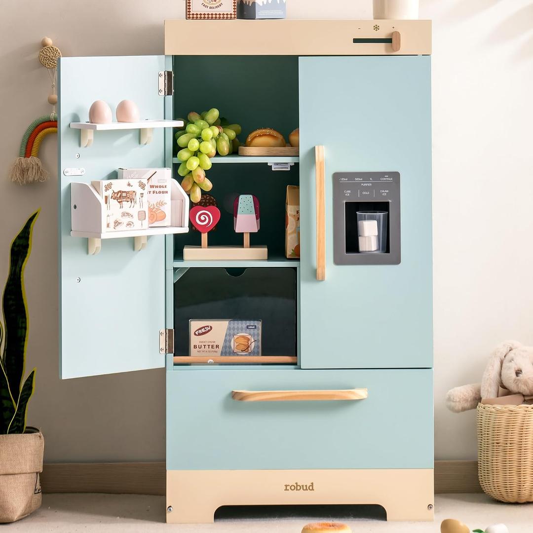 ROBUD Wooden Play Fridge with Ice Dispenser & Accessories for Kids, 11 x 18 x 34 inches
