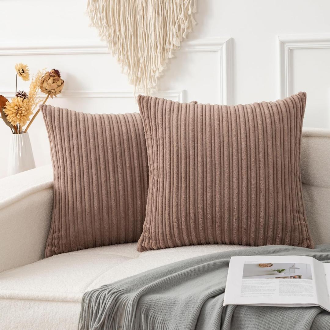 UGASA Soft Velvet Stripe Decorative Pillow Covers Set of 2 Solid Corduroy Textured Euro Cushion Cases for Couch Bedroom Sofa Farmhouse, 24x24 Inch, Light Brown