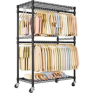 P4 Plus Rolling Clothes Rack Heavy Duty, Clothing Racks for Hanging Clothes, Free Standing Garment Racks with Wheels, Portable Closet Rack 45''W × 20.5''D × 80.5''H, Max Load 570 Lbs, Black