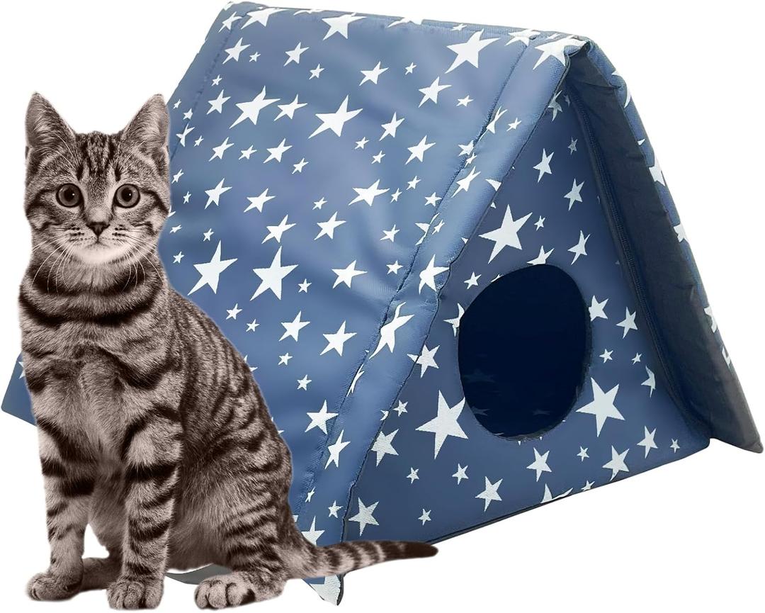 Fhiny Stray Cats Shelter, Waterproof Outdoor Cat House Foldable Warm Pet Cave for Winter Wild Animal Tent Bed Anti-Slip Kitten Cave for Feral Cat Dog Puppy Weatherproof (M, Blue)