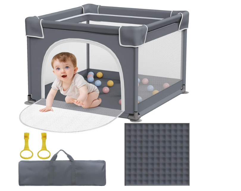 Small Baby Playpen with Mat, Sturdy Safety Play Yard, Washable Small Playpen for Babies, Soft Breathable Mesh, Zipper Gate, Anti-Slip Base 36"x36"