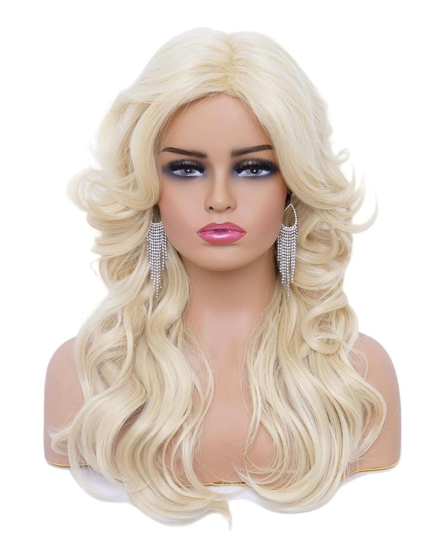 Rugelyss Vintage Wigs Blonde Wig for Women Lady Natural Layered Synthetic Full Wigs for 70s Cosplay Costume Disco Hair Wig
