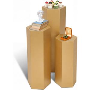 Yaocom 3 Pcs Pedestal Stand for Display Metal Hexagonal Pedestal Stand Cylinder Cake Dessert Plant Table Pillar for Wedding Sculpture Collection Vase Party Decor, 23.6/29.5/35.4 Inch Tall (Gold)