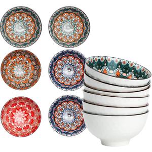 Bohemian Ceramic Bowls Set, 4.5 Inch Porcelain Cereal Bowls, Vintage Boho Style for Rice, Soup, Cereal,Salad,Decorative Set for Kitchen & Dining (Set of 6)