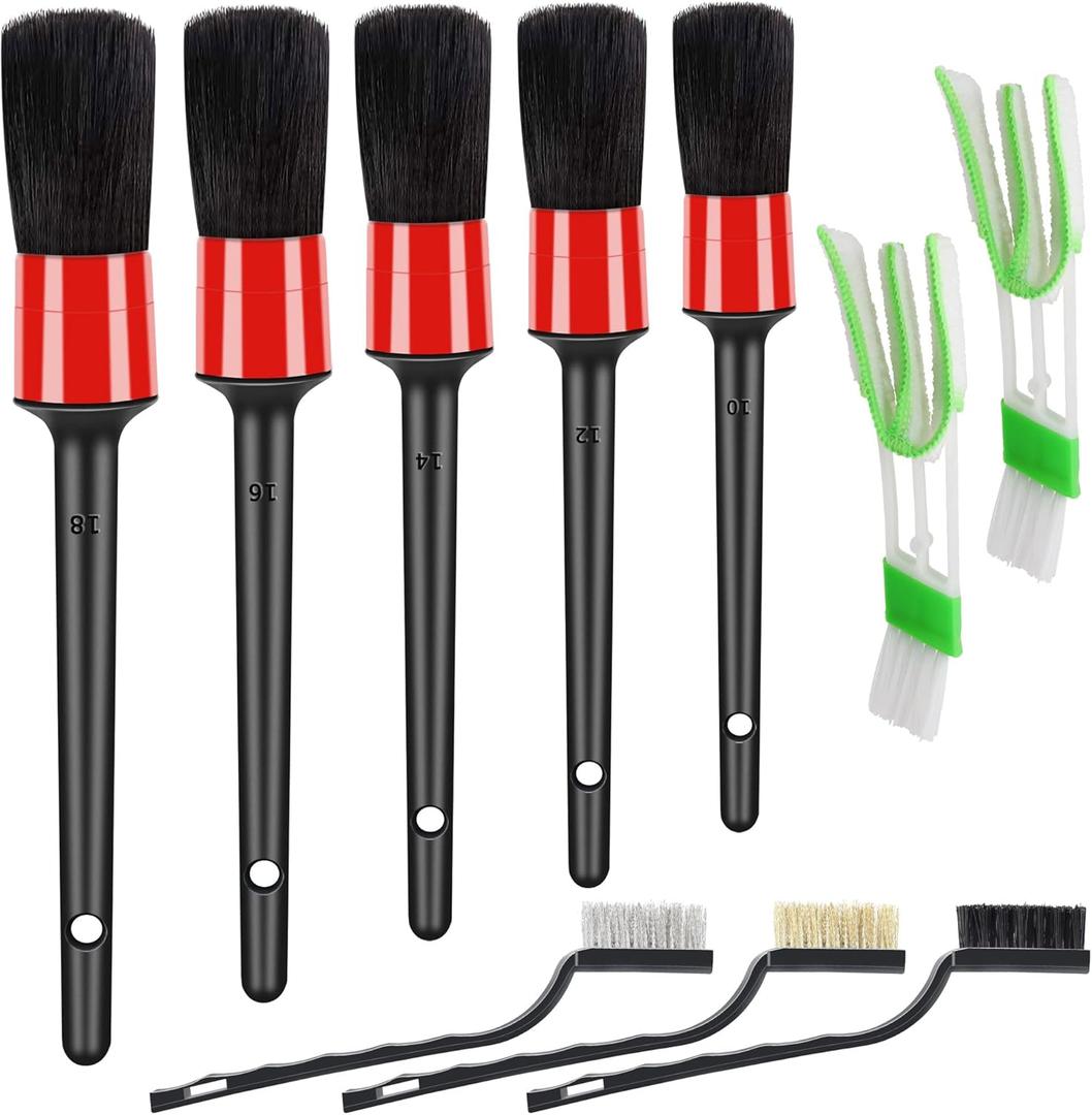 10pcs Auto Car Detailing Brush Set Car Interior Cleaning Kit Includes 5 Boar Hair Detail Brush,3 Wire Brush, 2 Air Vent Brush for Cleaning Car Interior Exterior, Dashboard Engines Leather Wheel (Red)