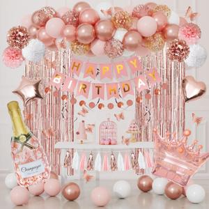 Rose Gold Birthday Party Decorations Kit for Women Girls, Foil Confetti Rose Gold Balloon Pink Happy Birthday Banner Fringe Curtains Butterfly Decor Circle Dots Tassels Pompoms Party Supplies