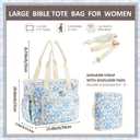 Large Bible Tote Bag with Cover Case Women Blue Floral Quilted Multi Pocket, 7.48 x 10.43 x 4.13 inches