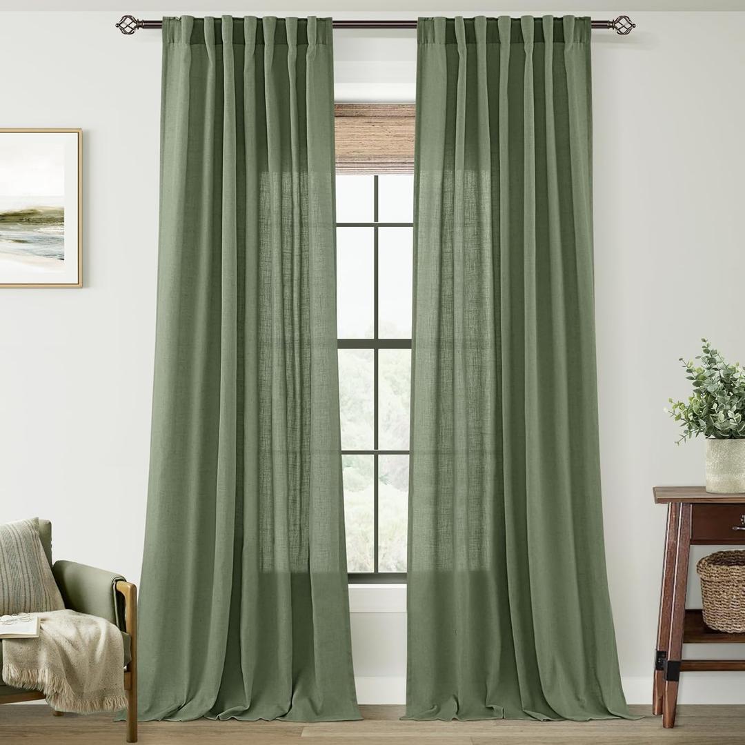 Jolilight Olive Green Curtains 102 inch Length 2 Panels for Bedroom Back Tab Light Filtering Semi Sheer Drapes Linen Cotton Textured Airy Modern Farmhouse Living Room Sage Aesthetic Decor 52x102
