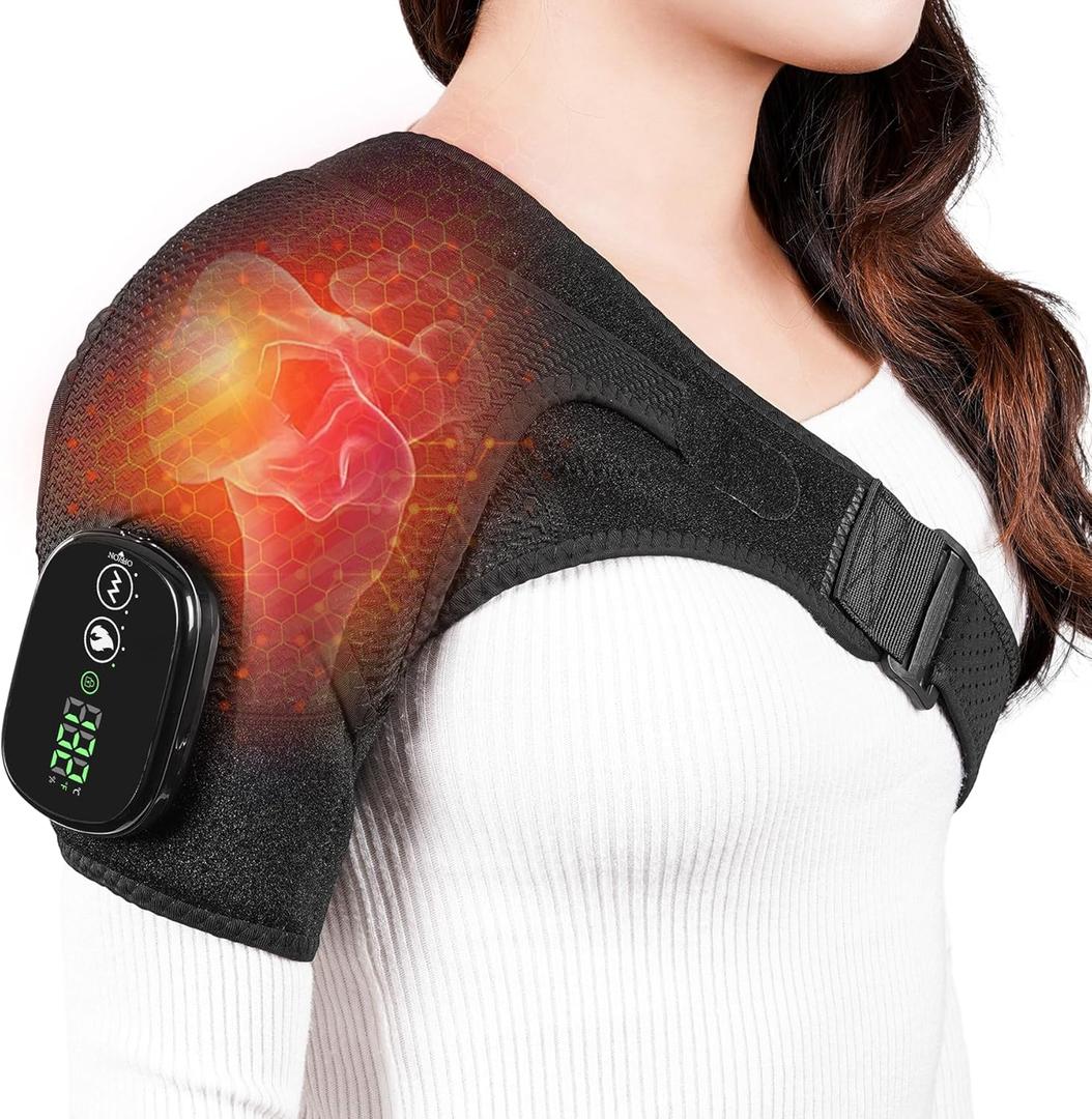 Cordless Shoulder Heating Pad & Massager, Electric Heated Shoulder Brace Wrap, Heating Pads for Rotator Cuff and Frozen Pain Relief,5000mAh Chargeable Powered, Men & Women, Black
