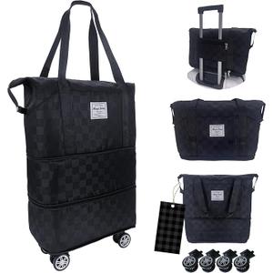 DRVOON Expandable foldable duffel bag suitcase, detachable rolling wheels,carry-on large duffel bag,luggage bag,suit gym,camping,travel or business trip,Gift for wife and parents-Checkerboard(BLACK)