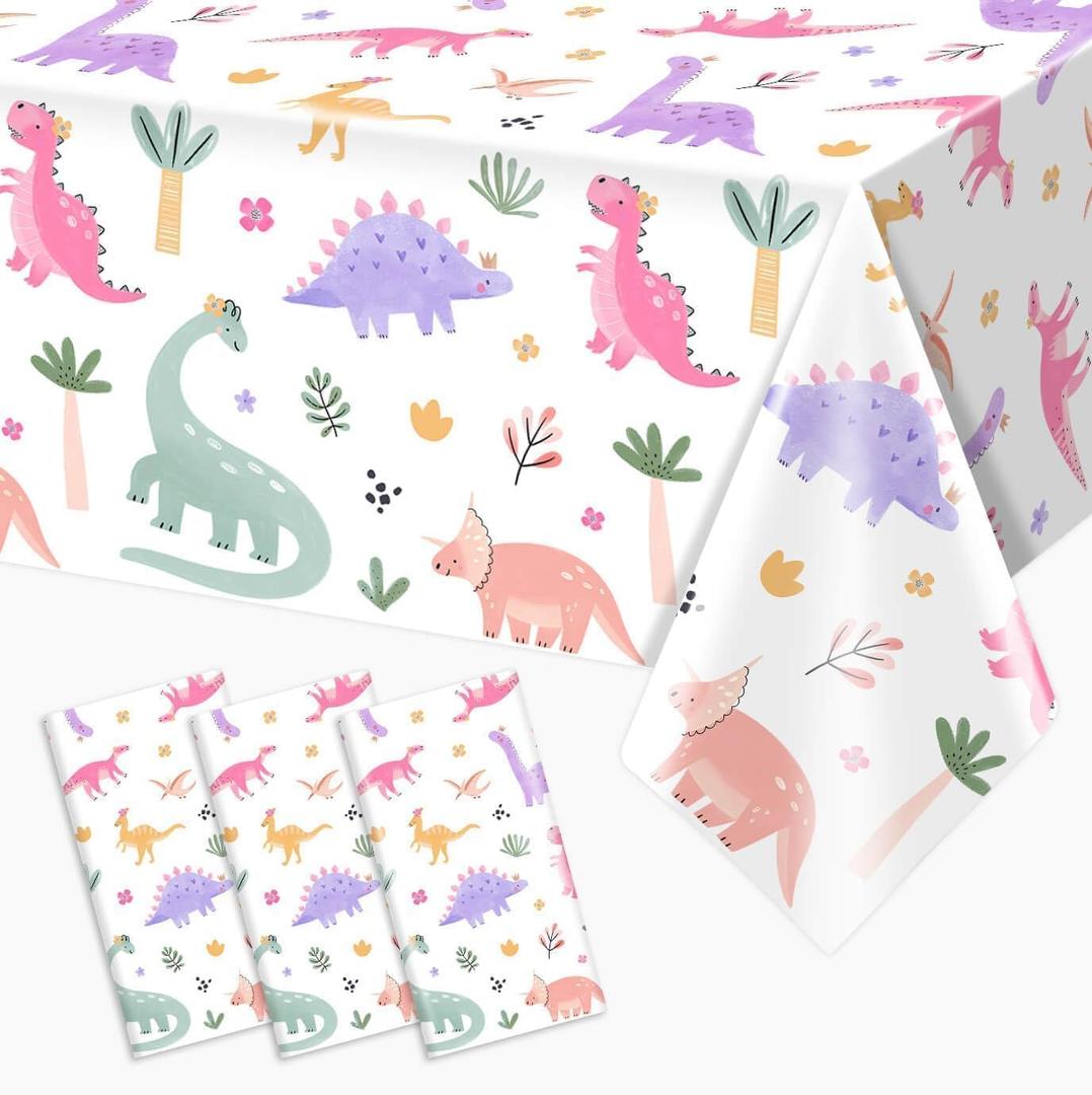 3pcs Pink Dinosaur Birthday Tablecloths 108x54inch Watercolor Dinosaur Birthday Decorations for Girls Dino Birthday Party Disposable Table Covers