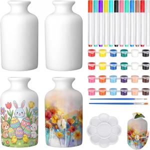 Singhoow 4 Set Easter/Mother's Day Paint Your Own Porcelain Paint Vase Art Project White Ceramic Painting Kit for Adults Porcelain Vase Decorating Kit Holiday Supplies DIY(Classic)