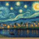 ARPEOTCY Vintage Framed Canvas Wall Art, 12x16 Inch Van Gogh Style Starry Night Lake View Landscape Painting, Retro Blue and Yellow Wall Art for Living Room, Bedroom, or Bathroom Decor (Starry Sky Over the Sea)